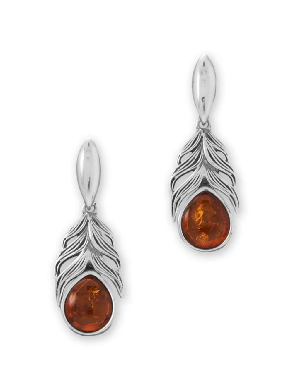 Oxidized Baltic Amber Feather Earrings - 925 Sterling Silver